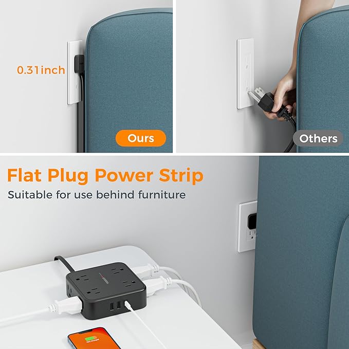 TESSAN Surge Protector Flat Plug Power Strip, 8 AC Outlets, 3 USB Charger 3 - Image 6