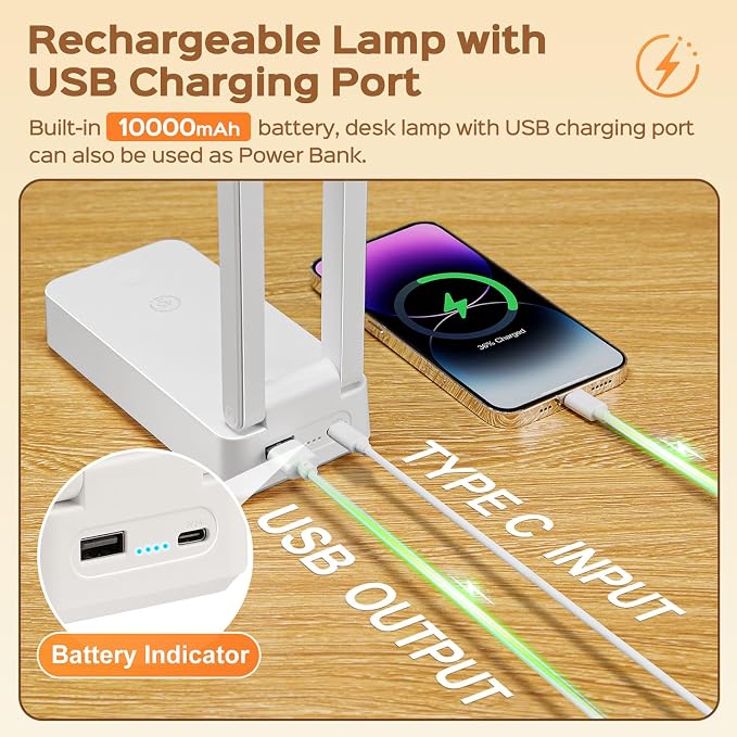 Small Desk Lamp, 10000mAh Battery Operated Lamp, 3 Colors+Dimmable Desk Light - Image 4