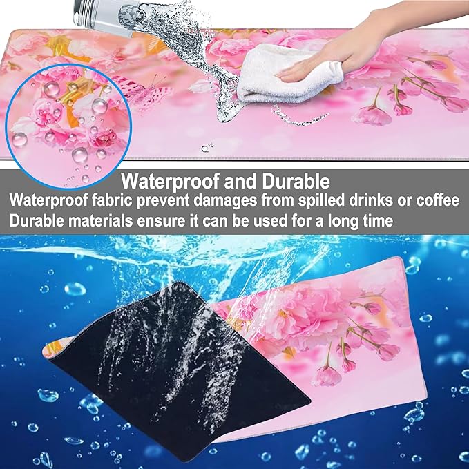 Mouse Pad, Large Pink Sakura and Butterfly Desk Mat, Extended Non-Slip Gaming - Image 4