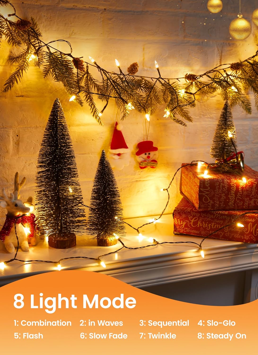 LED Christmas Mini Lights, 39 Feet 100 LED Clear Bulbs String Lights with 8 Light Modes, Connectable Fairy Lights Plug in for Outdoor Xmas Trees Garland Wreath Holiday Decorations, Warm White