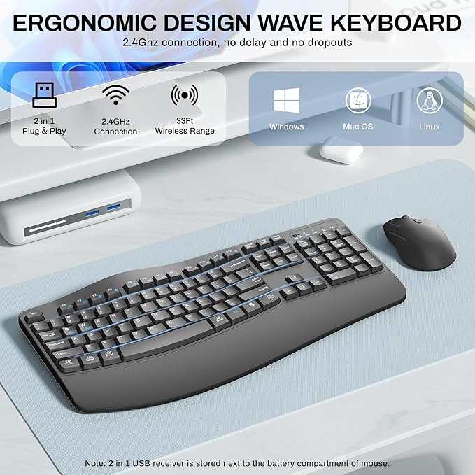 Wireless Keyboard and Mouse Combo, 2.4G Full Size Wave Keys Ergonomic Keyboard - Image 2