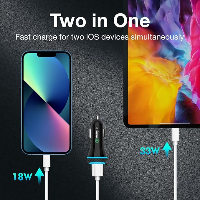 MOCA 51W QC 3.0 Fast Charging W/ 2pcs 3.3ft A-P/C-P Cable Car Charger - Image 3