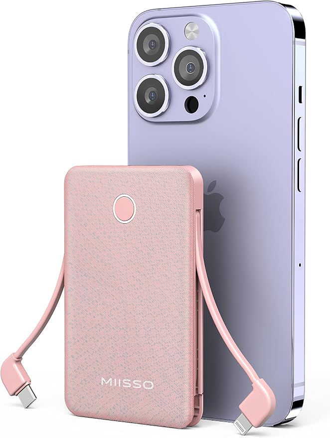 6000mah Ultra Slim Built in Cables Power Bank, Card Size Built in USB C Cords by MIISSO
