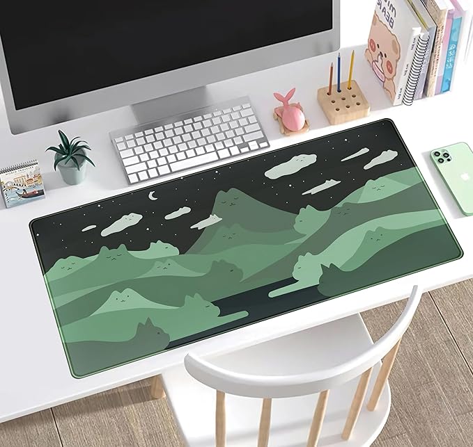 Anime Green Cats Mouse Pad Desk Pad Kawaii Cartoon Cat Desk Mat Cute, XXL Large - Image 5