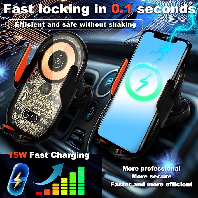 Wireless Car Charger, 15W Fast Charging Auto-Clamping Car Charger Phone Mount - Image 3
