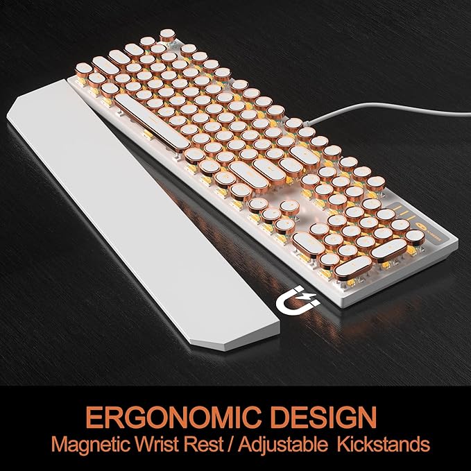 MageGee Typewriter Mechanical Gaming Keyboard, Retro Gold Punk Round Keycaps - Image 7