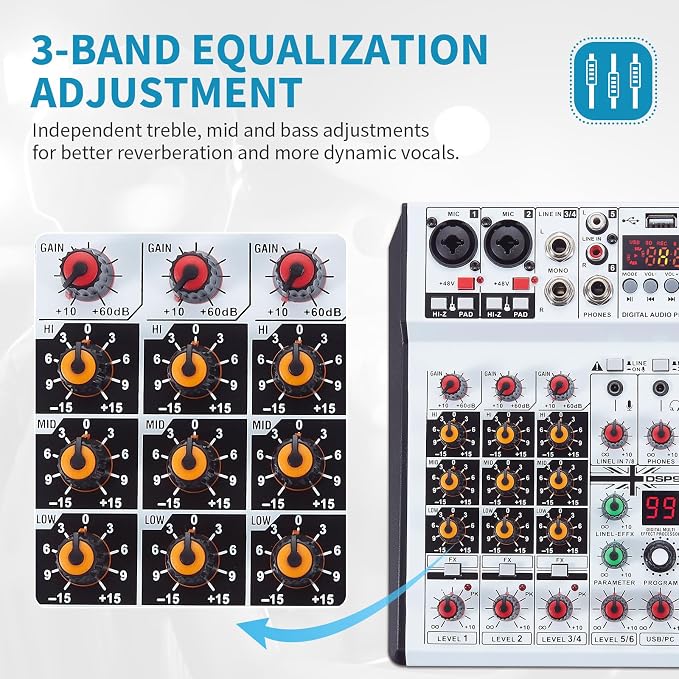 6 Channel Audio Mixer Professional Sound Board Console w/99 DSP Effects 48V - Image 7