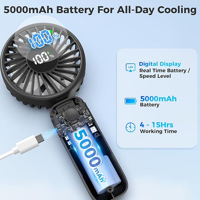 Portable Handheld Fan, 5000mAh Rechargeable Battery, Max 15H Cooling, 4 Speeds - Image 4
