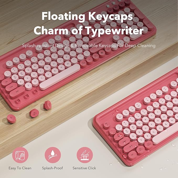 Wireless Keyboard and Mouse Combo, Cute Full-Size Typewriter-Style Keyboard - Image 3