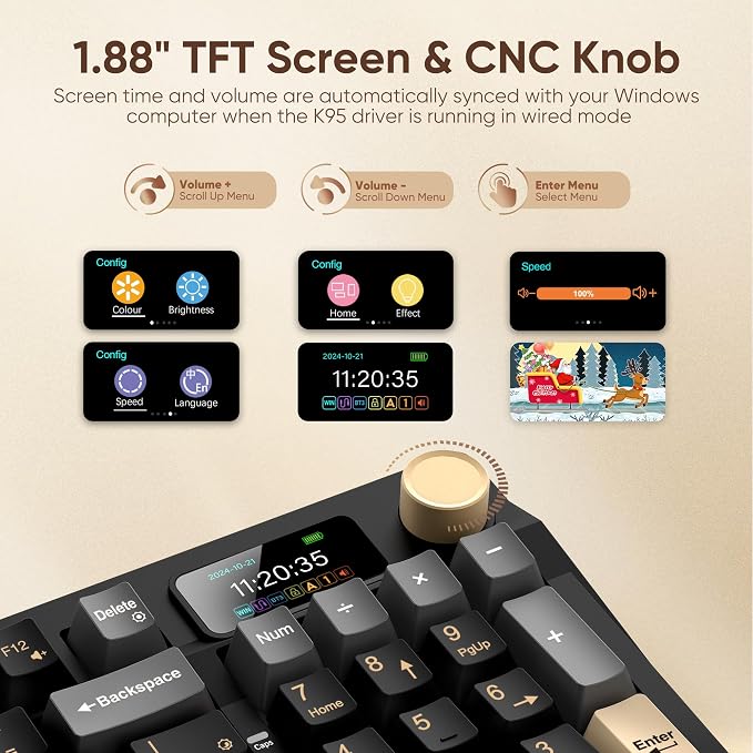 RedThunder K95 Wireless Mechanical Keyboard, TFT Screen & Knob, Tri-Mode - Image 3