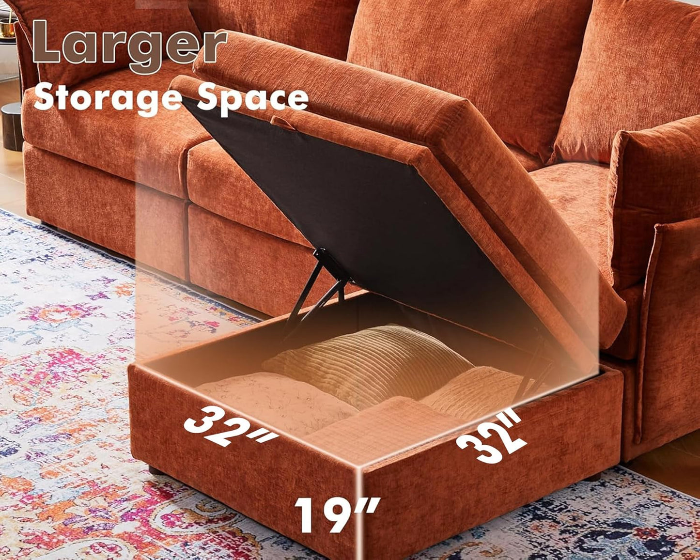 102.6" U Shaped Modular Sectional Sofa, 5 Seater Couch with Storage Ottoman Deep Seat and High Backrest with Removable Cover for Living Room, Apartment - Chenille Terracotta Orange