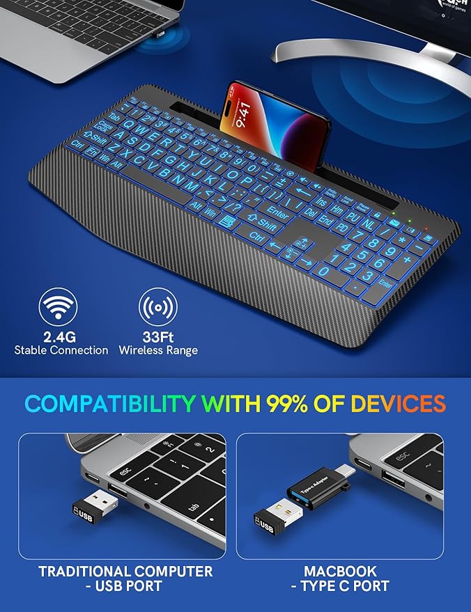 Wireless Keyboard with 7 Colored Backlits, Wrist Rest, Phone Holder, - Image 5