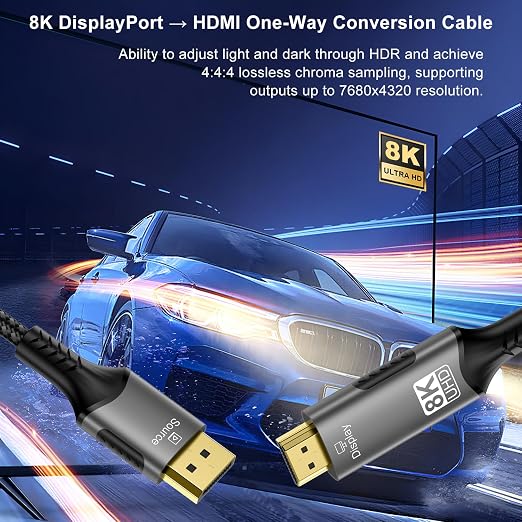 FDBRO 8K DisplayPort to HDMI Cable Active 8K@60Hz 4K@120Hz 32.4Gbps, - Image 2