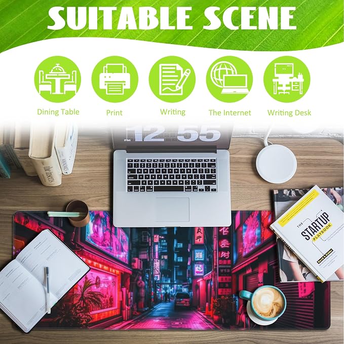 Desk Mat, Japanese Anime Neon Street Desk Pad, Anime City Large Gaming Mouse Pad - Image 3