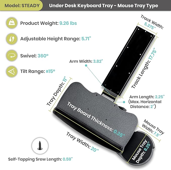 Under Desk Keyboard Tray, 17.75" Track, One Knob Control, Undermount Sliding - Image 2