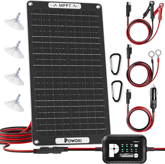 POWOXI 15W Solar Battery Charger: 12V Solar Car Battery Trickle Maintainer by POWOXI
