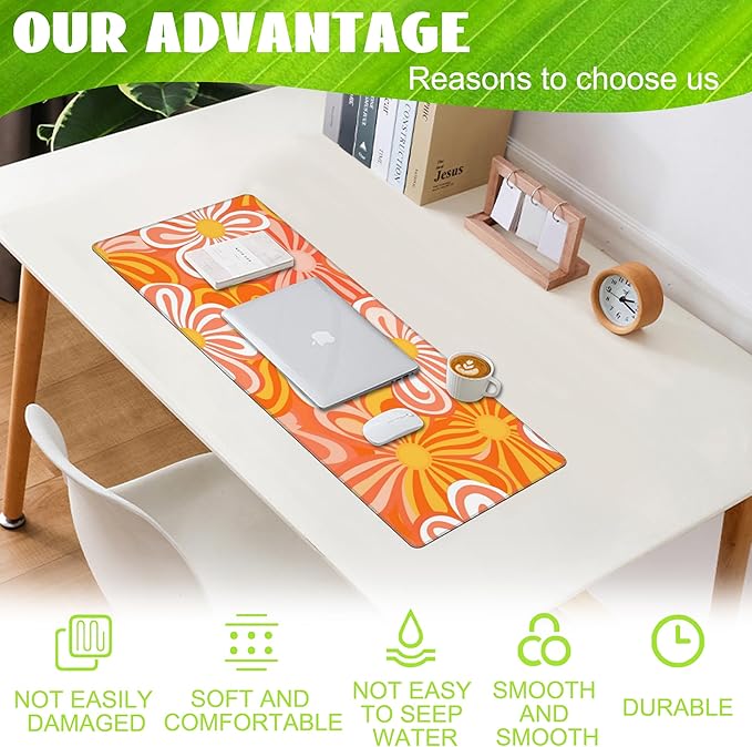 Desk Pad - Hippie Vintage Orange Flowers Desk Mat, Retro Floral Large Gaming - Image 4