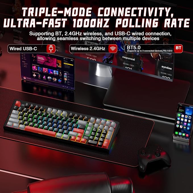 LINGBAO K98 Wireless Mechanical Gaming Keyboard, Tri-Mode BT5.0/2.4GHz/USB-C - Image 3