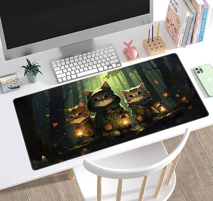 Forest Cats Desk Mat Anime Cat Desk Pad Cute, Kawaii Green Mouse Pad XXL - Image 5