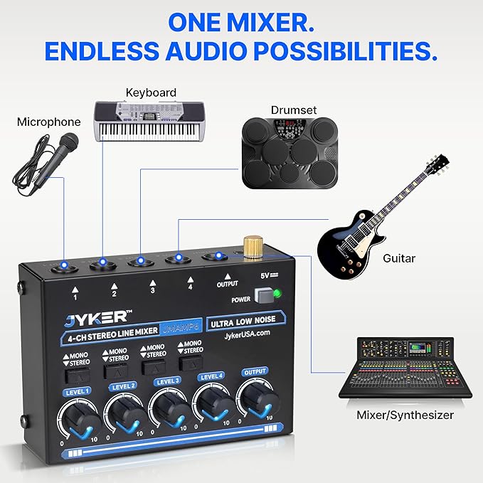 Jyker 4 Channel Stereo Line Mixer, Compact Audio Mixer TS/TRS Line Level Sources - Image 5