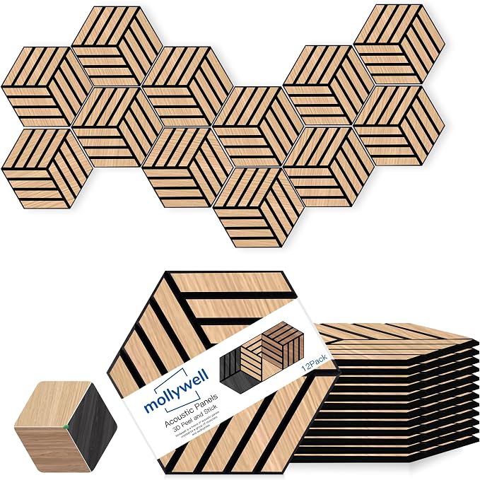 Mollywell Hexagon Acoustic Panels, Natural Oak TH4, 12 Pack |Wood Veneer|High by Mollywell