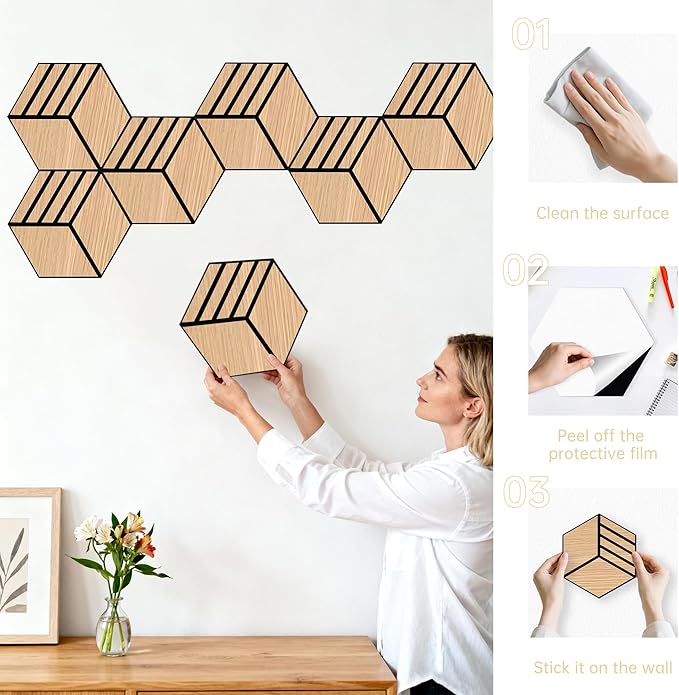 Mollywell Hexagon Acoustic Panels, Natural Oak S4, 12 Pack |Wood Veneer|High - Image 6