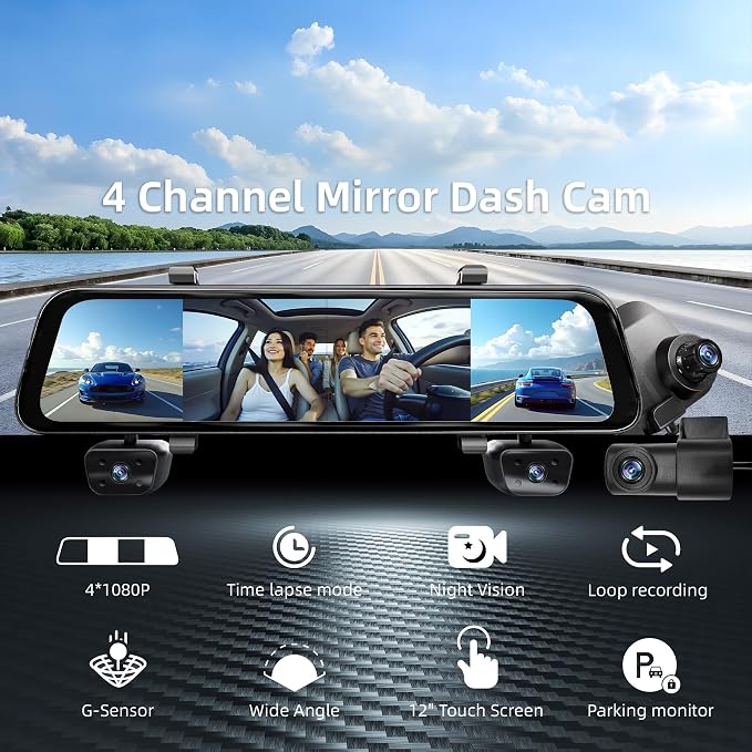 2025 Rear view Mirror Camera, 4 Channel Mirror Dash Cam Front and Rear - Image 2
