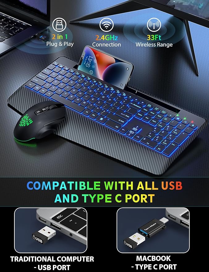 Wireless Keyboard and Mouse Backlits, Wrist Rest, LED Mouse, Rechargeable - Image 5