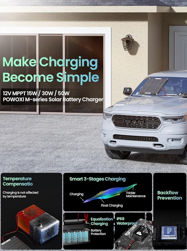 POWOXI 30W Solar Battery Charger: 12V Solar Car Battery Trickle Maintainer - Image 2