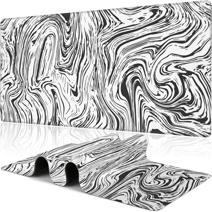 Black and White Marble Desk Mat, Large Abstract Marble Texture Gaming Keyboard by NIYLYNSYN