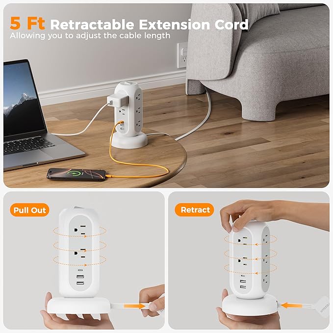 Surge Protector Power Strip Tower, TESSAN 5 FT Retractable Extension Cord - Image 2