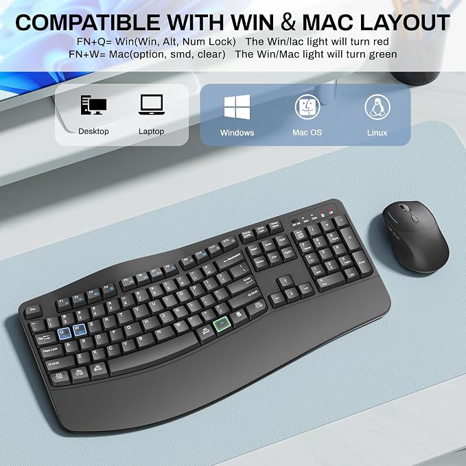 Wireless Keyboard and Mouse Combo, 2.4G Full Size Wave Keys Ergonomic Keyboard - Image 6