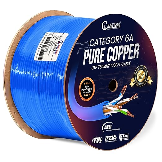 Cat6A Plenum Cable 1000ft Blue | 100% Solid Bare Copper 750MHz, PoE++ 23AWG 4 by NewYorkCables