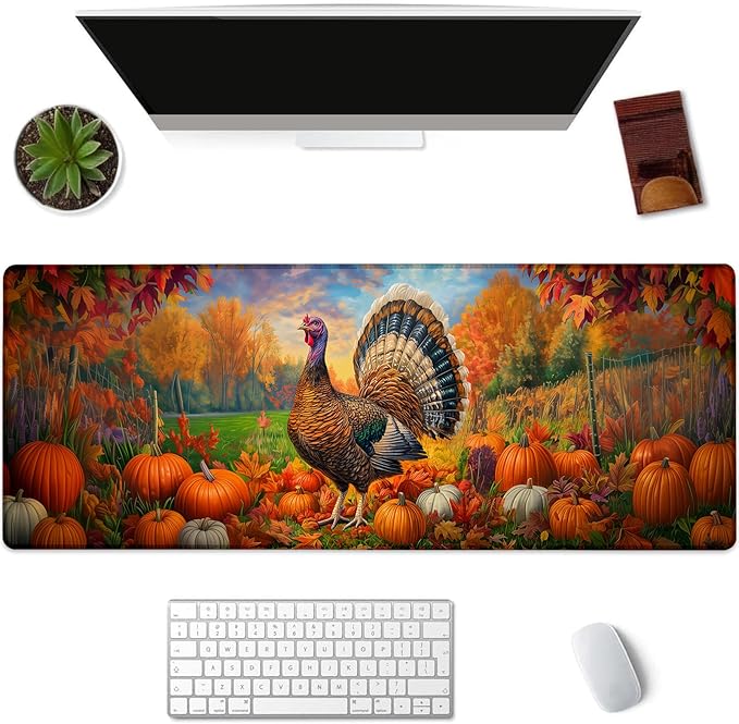 Autumn Turkey Gaming Mouse Pad, Pumpkin and Fall Leaf Mousepads by Unknown
