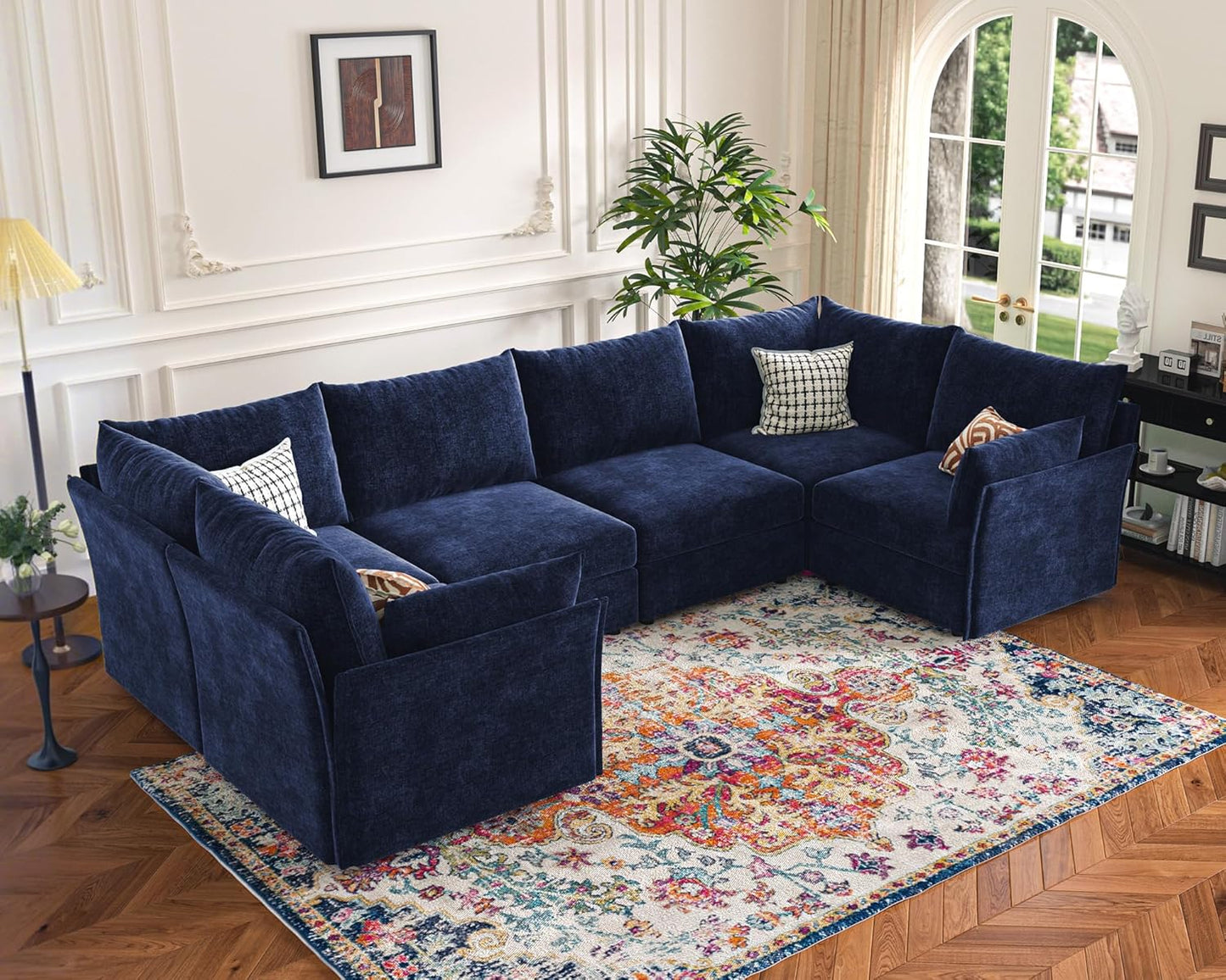 135.5" Oversized Modular Sectional Sofa, L Shaped Convertible Couch with Movable Ottoman, Large 6 Seat Corner Couches for Living Room Deep Seat Blue Chenille