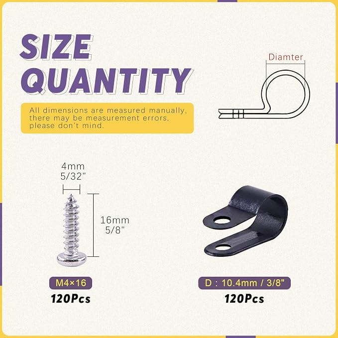 Swpeet 120 Pack Black 3/8 Inch Nylon Plastic R-Type Cable Clips Clamp Kit - Image 2