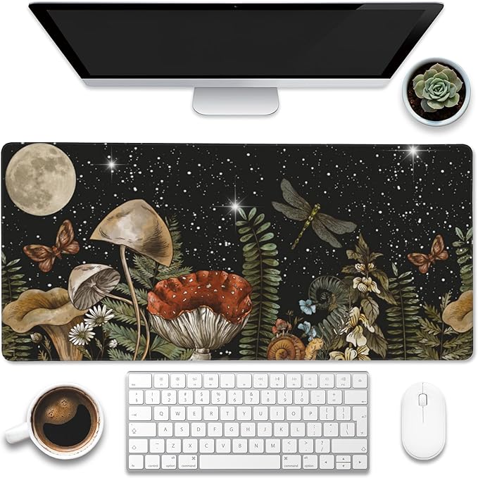 Large Gaming Mouse Pad for Desk, Cute Forest Mushroom Desk Mat, Starry Night by Eflxamz