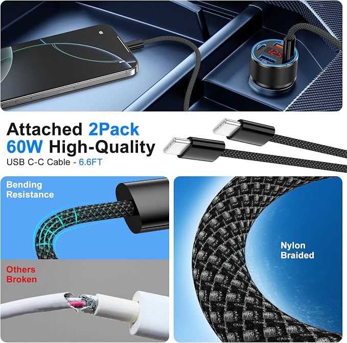 65W iPhone Car Charger Fast Charging, Dual USB-C & USB-A Cigarette Lighter - Image 6