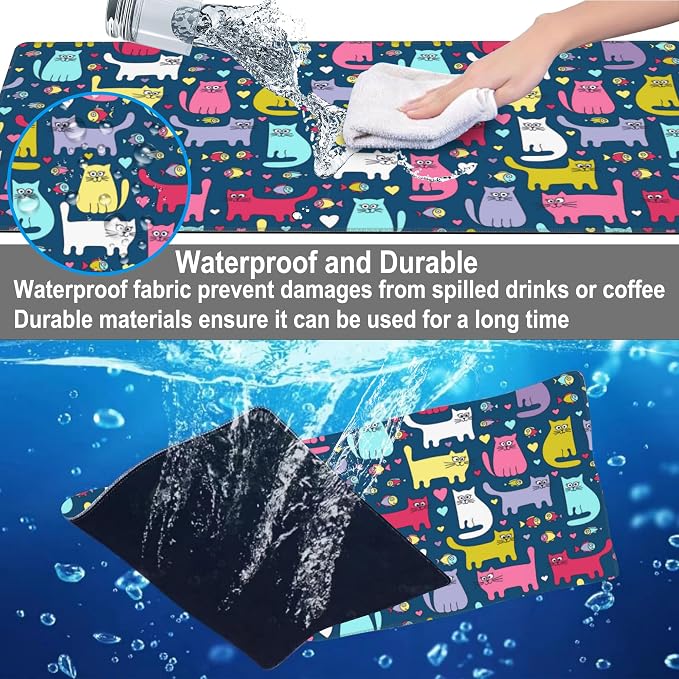 Mouse Pad, Large Cartoon Cats and Fish Desk Mat, Extended Non-Slip Gaming - Image 4