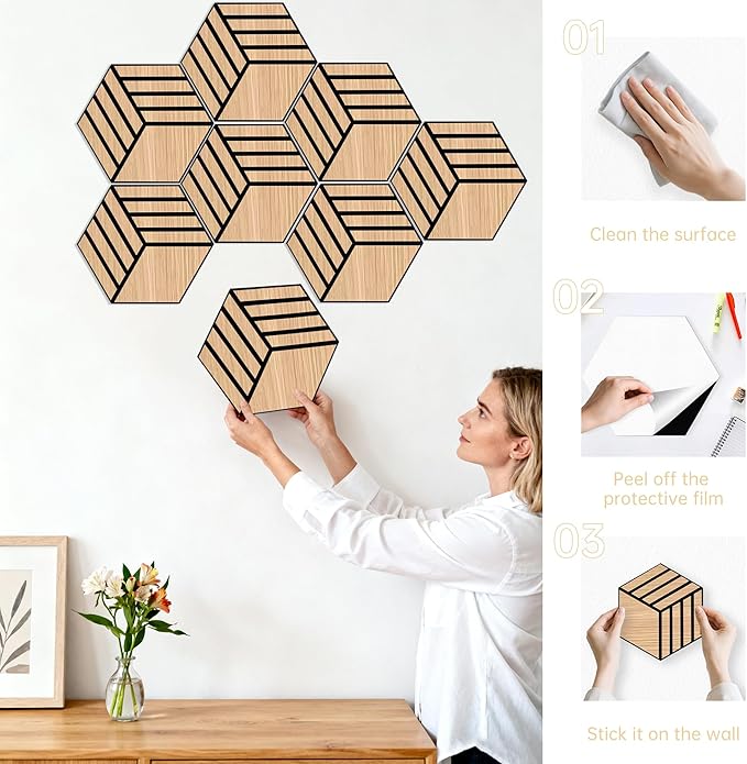 Mollywell Hexagon Acoustic Panels, Natural Oak TW4, 12 Pack |Wood Veneer|High - Image 6