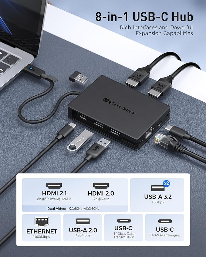Cable Matters 8-in-1 USB C Hub Multiport Adapter - Image 2