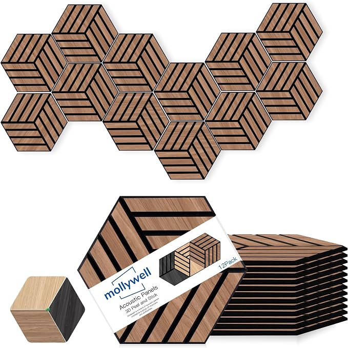 Mollywell Hexagon Acoustic Panels, Walnut TH4, 12 Pack |Wood Veneer|High by Mollywell