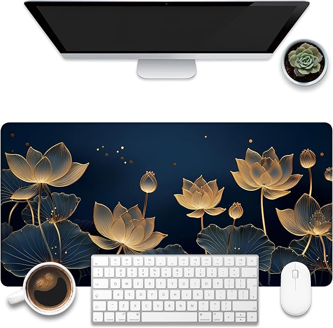 Desk Pad, Luxury Golden Lotus Line Arts Desk Mat, Dark Blue Background Large by KOAIWPAE
