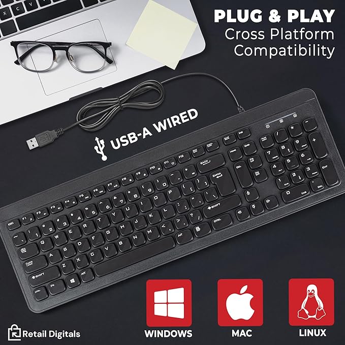 Wired USB Keyboard | Full-Sized | Ergonomic | Soft Typing | QWERTY Layout | - Image 5