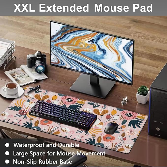 Mouse Pad, Large Colorful Flowers and Berries Desk Mat, Extended Non-Slip - Image 6