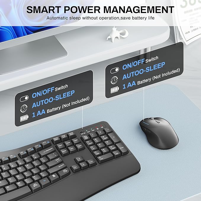 Wireless Keyboard and Mouse Combo, 2.4G Full Size Wave Keys Ergonomic Keyboard - Image 5