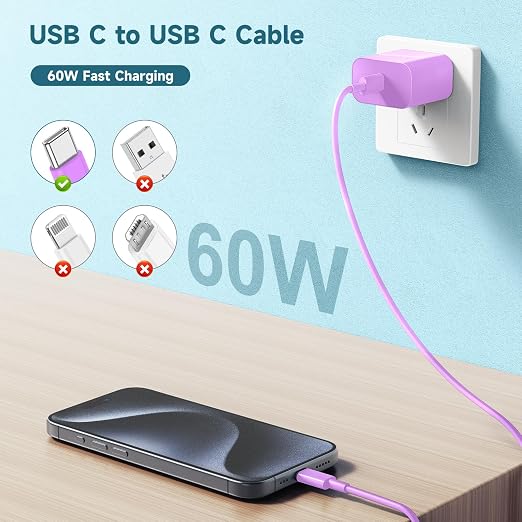 60W USB C to C Cable iPhone 15 Fast Charging Cable, 6ft Long USB-C to USBC - Image 2