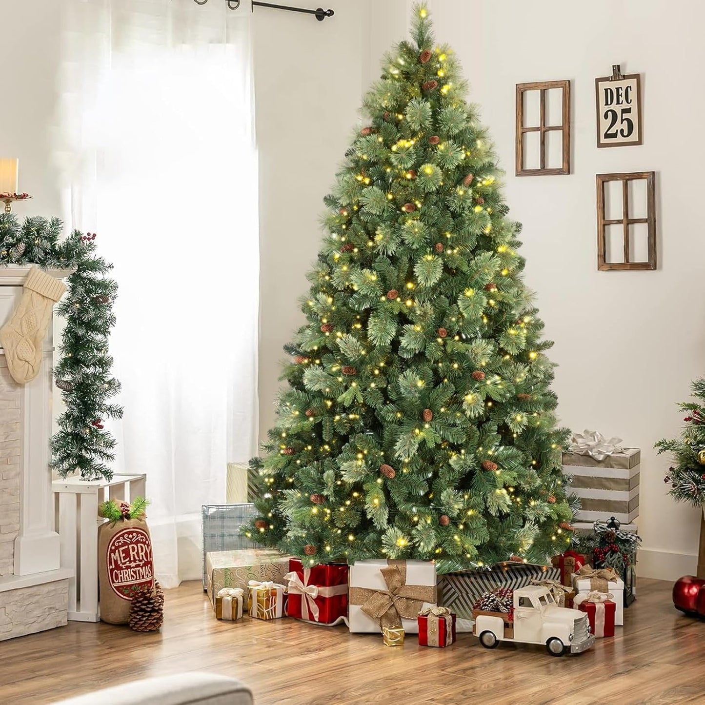 Kadunmina 7.5ft Artificial Christmas Tree Carolina Pine Tree, Unlit Hinged Premium Xmas Trees with 1645 Branch Tips, Pine Cones, Foldable Metal Stand for Home, Office, Holiday Party Decoration