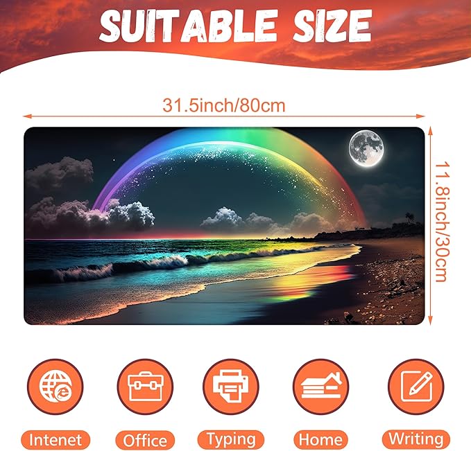 Desk Mat, Rainbow and Full Moon Desk Pad, Beach at Night Large Gaming Mouse Pad - Image 2