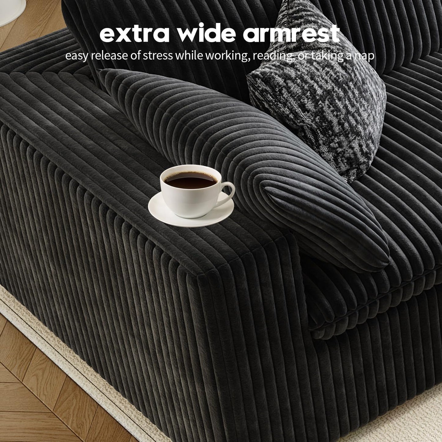157.5" Cloud Couch Modular Sectional Sofa for Living Room,Modern Sofa with Deep Seat，4 Seater Boneless Couch,Comfy Upholstered Corduroy Couches for Apartment, Studio, Office,Bedroom，Black